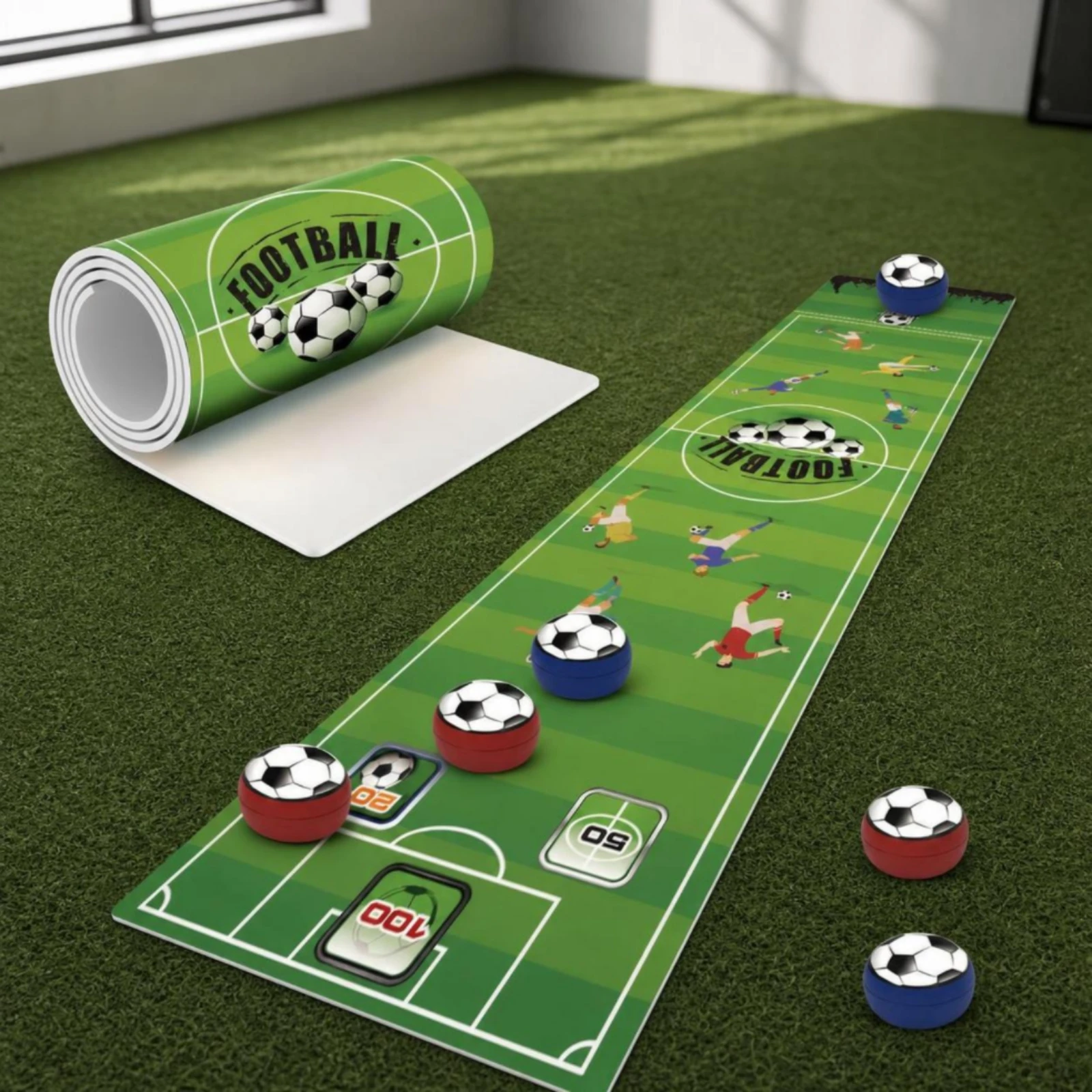 Tabletop Soccer Game with Pucks Roll-up Soccer Game Mat Flexible Lightweight for Families