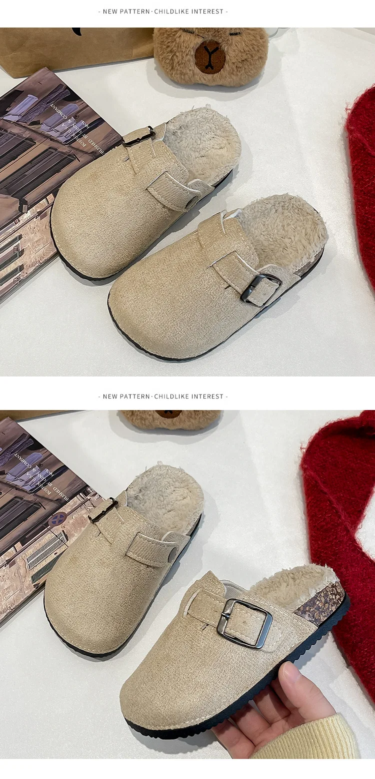 2023 Jungen Mädchen Winter Warme Plüsch Kork Fußbett Pelz Clogs Hausschuhe Dame Pelzigen Haus Wohnungen Baumwolle Hausschuhe – Detail 12