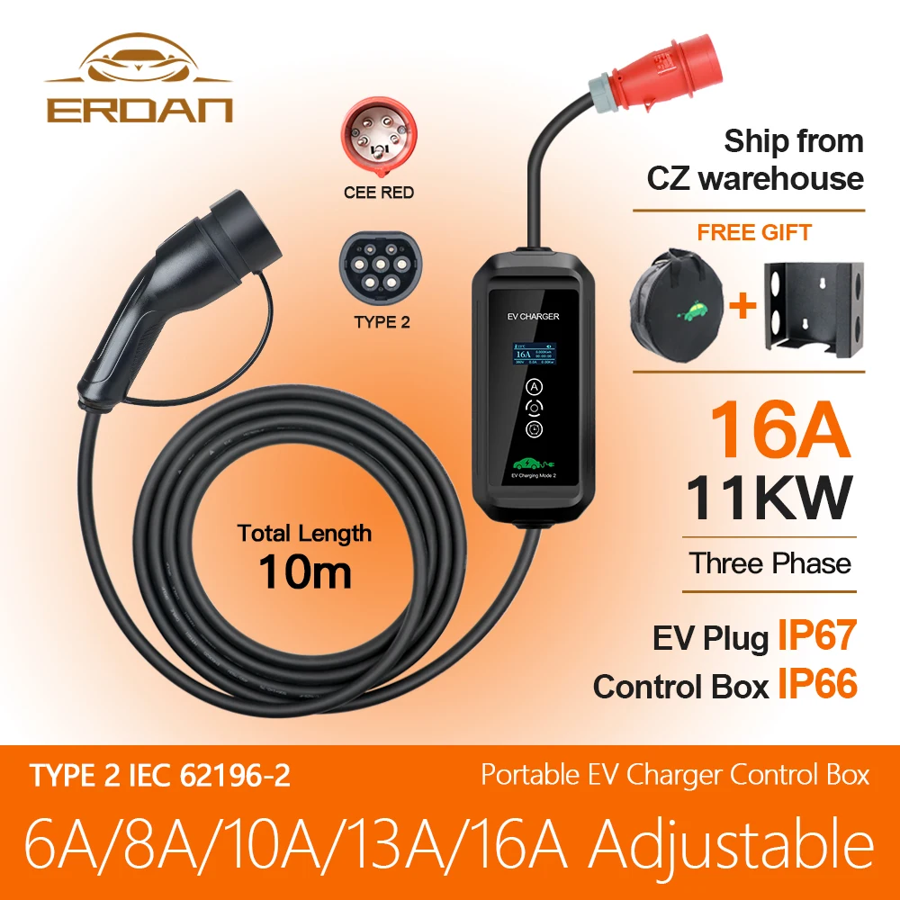 ERDAN 10M Portable 11KW 16A 3P EV Charger Wallbox Type 2 Plug APP Wifi Control IEC-62169 EVSE Charging Box Electric Car Charger