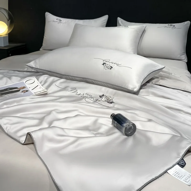 Summer Ice Silk Thin Quilt Breathable Cool Comfortable Single Double Bed Luxury Embroidery Washed Silk Air Conditioner Quilt