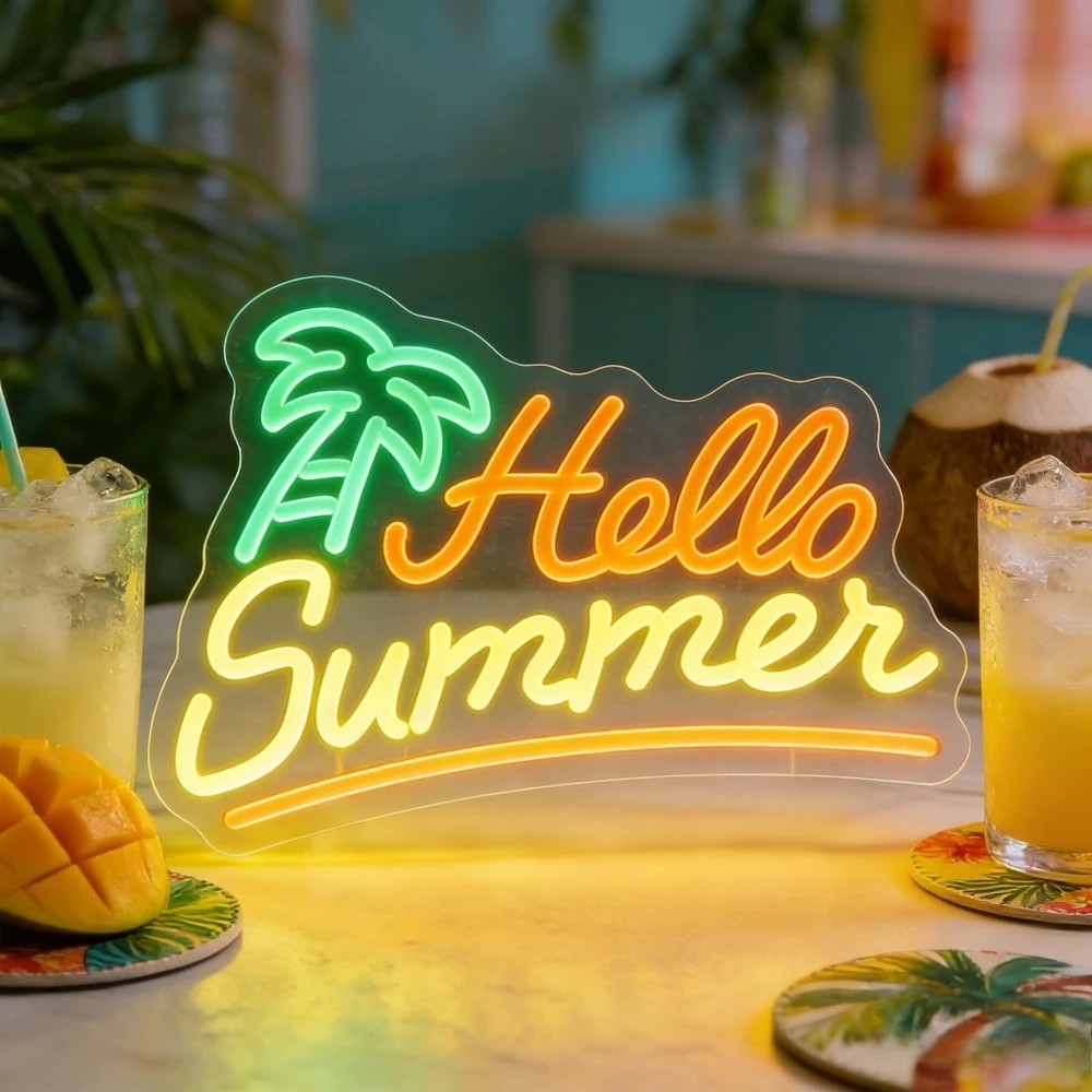 

Неоновая вывеска «Привет, лето» с пальмой: яркое тропическое прибрежное настенное украшение для дома, бара, кафе. Готово к подвешиванию. Летнее освещение.