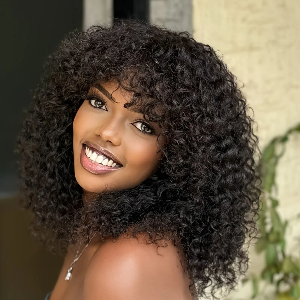 200% Density Human Hair Curly Bob Wig With Bangs Brazilian Black Water Wave Wigs For Women - Full Machine Curly Wave Rose Net Cap Suitable For Women Natural & Black Human Hair Bangs Wig