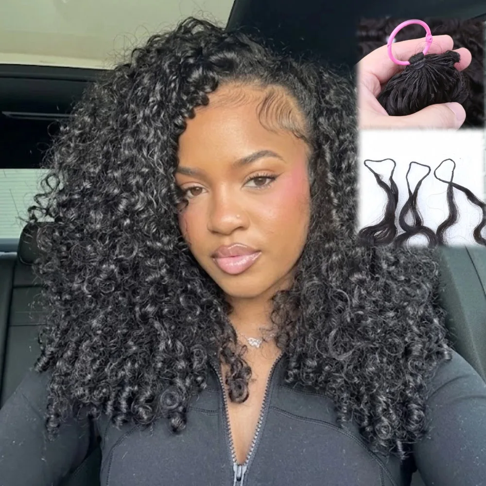 12A Natural Black Burmese Curly Pre-Looped  Feather Crochet Hair Extensions 100% Human Hair Pre-Separated Invisible Feather-Line Crochet Hair For Braiding Knotless Boho Braids with Spiral Ends Soft Fluffy Daily Wear For Women And Girls