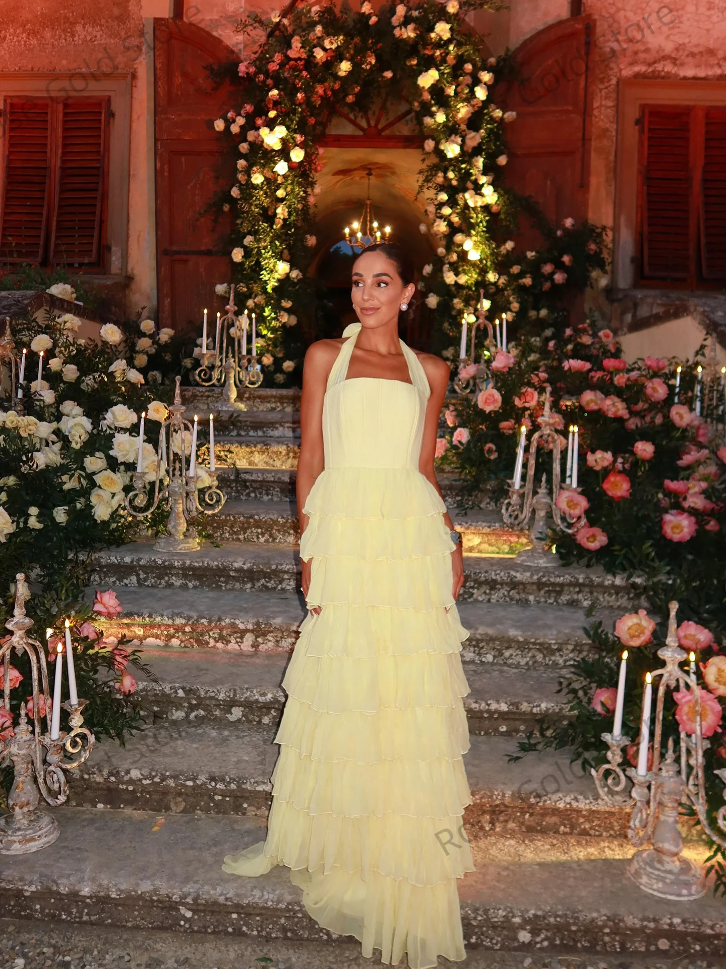 Summer Yellow Evening Dresses A Line Tiered Sleeveless Prom Gowns for Dubai Backless Elegant Vestido de  Gala Customized