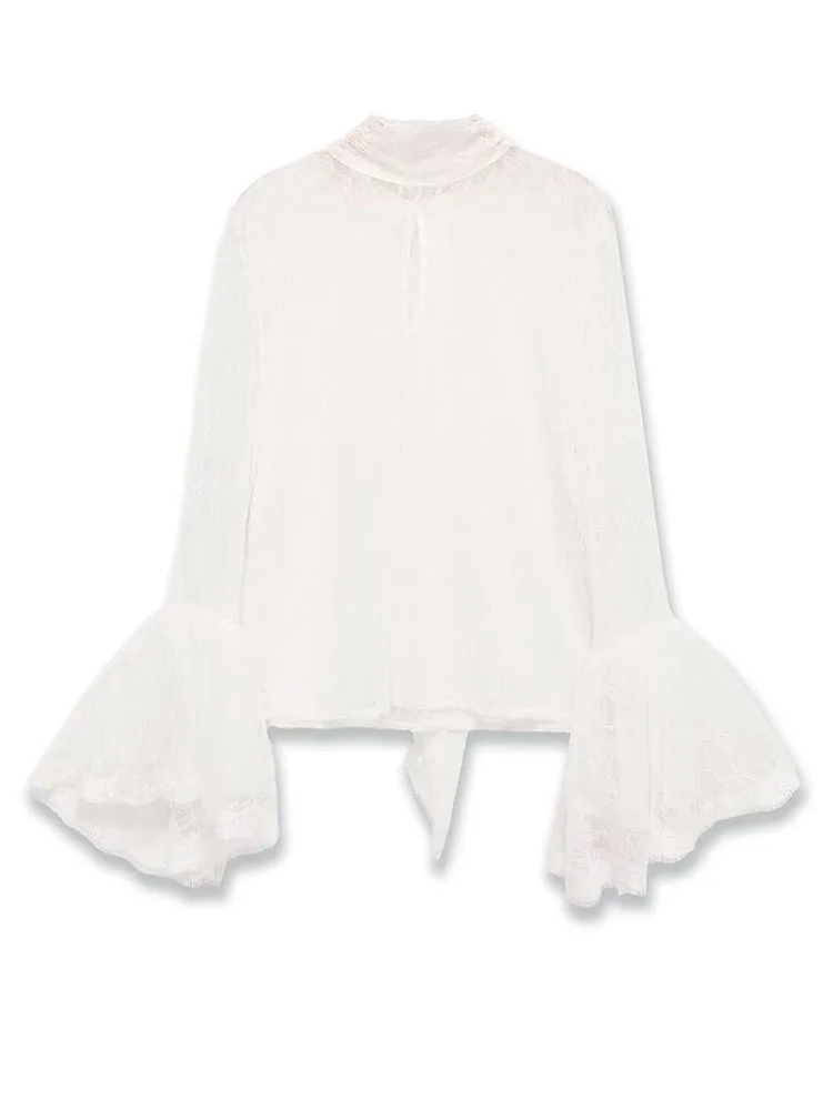 HH femmes mode doux polyvalent cloche manches punkisme dentelle épissage chemise haute femme élégante haute rue à manches longues chemise Mujer