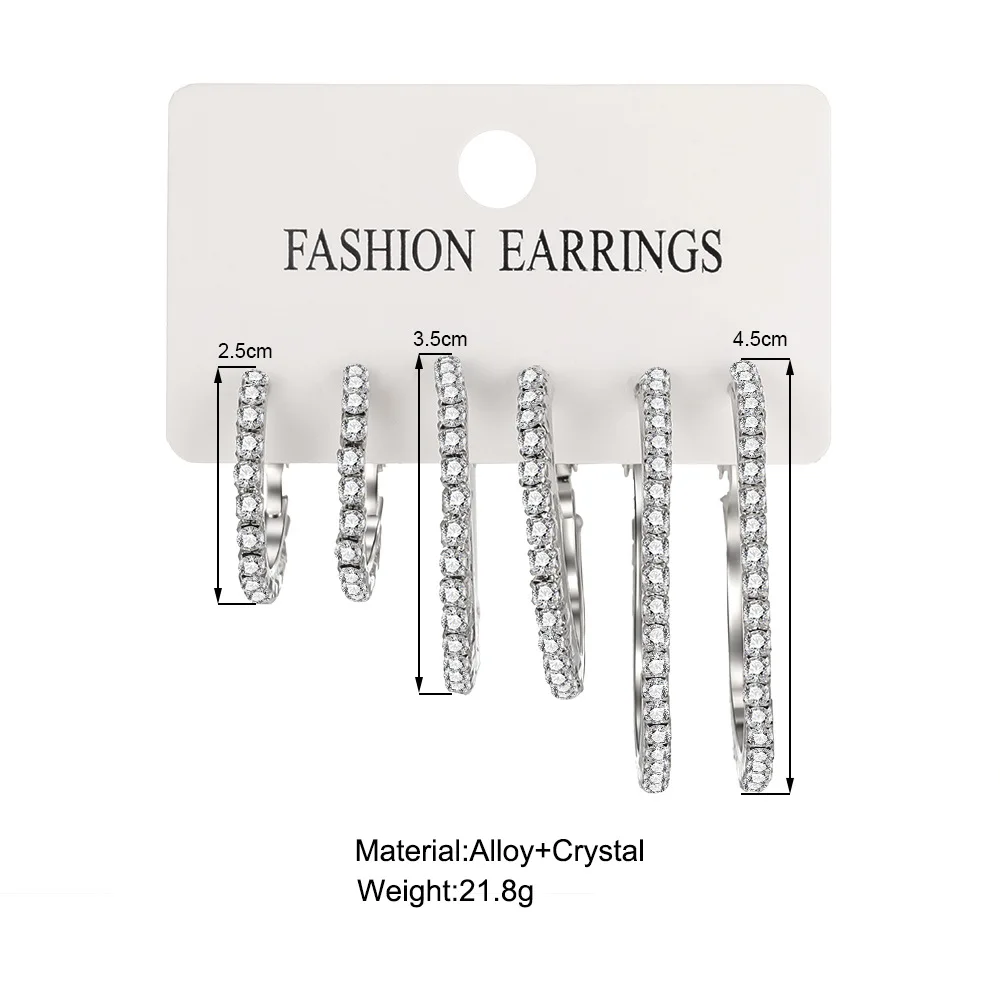 Stylish and shiny earrings, advanced sense, creative simplicity, point rhinestones, exaggerated large, medium and small rings,