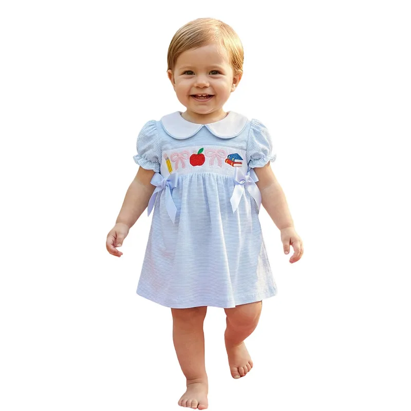 1-6years Girl  fashion casual Back to School Dresses with Bows Striped Apple Embroidered Short Sleeve Doll Collar A-line Dress