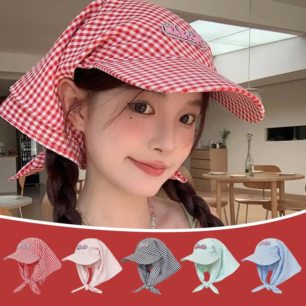 Colorful Plaid Strap Headscarf Hats For Women Summer Seaside Beach Vacation Fashion Versatile Hat H6m3