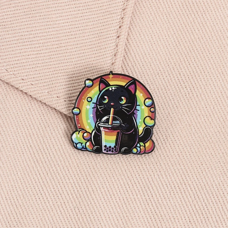 Rainbow Black Cat  Pearl Bobo Milk Tea UV Printing Pin Kawaii Psychedelic Animal Brooches Bag Lapel Badge Gift for Kids Friends
