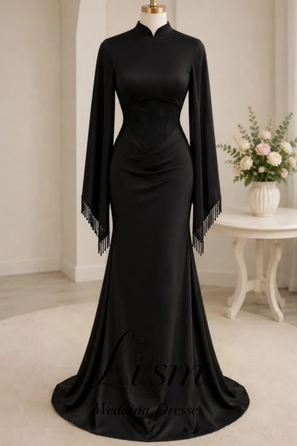 Lism Graceful High Neck Satin Mermaid Wedding Dress Bell Long Tassel Sleeves Corset Waist Bridal Gown With Train 2026 Customized