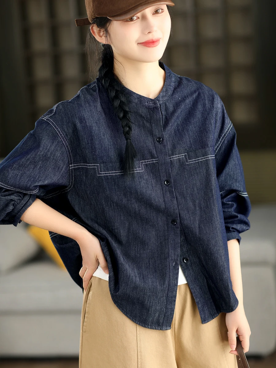 

Ретро-куртка-рубашка из чистого хлопкового денима с эффектом потертости, женская, весенняя, с воротником-стойкой, длинным рукавом, блузка-кардиган, верхняя одежда