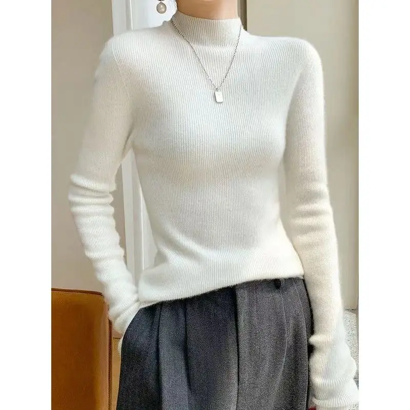 Women's AutumnWinter Sweater Thickening Solid Color Slim Fit Basic Style Versatile Pullover 100%Merino Wool Knitted Jumper Top