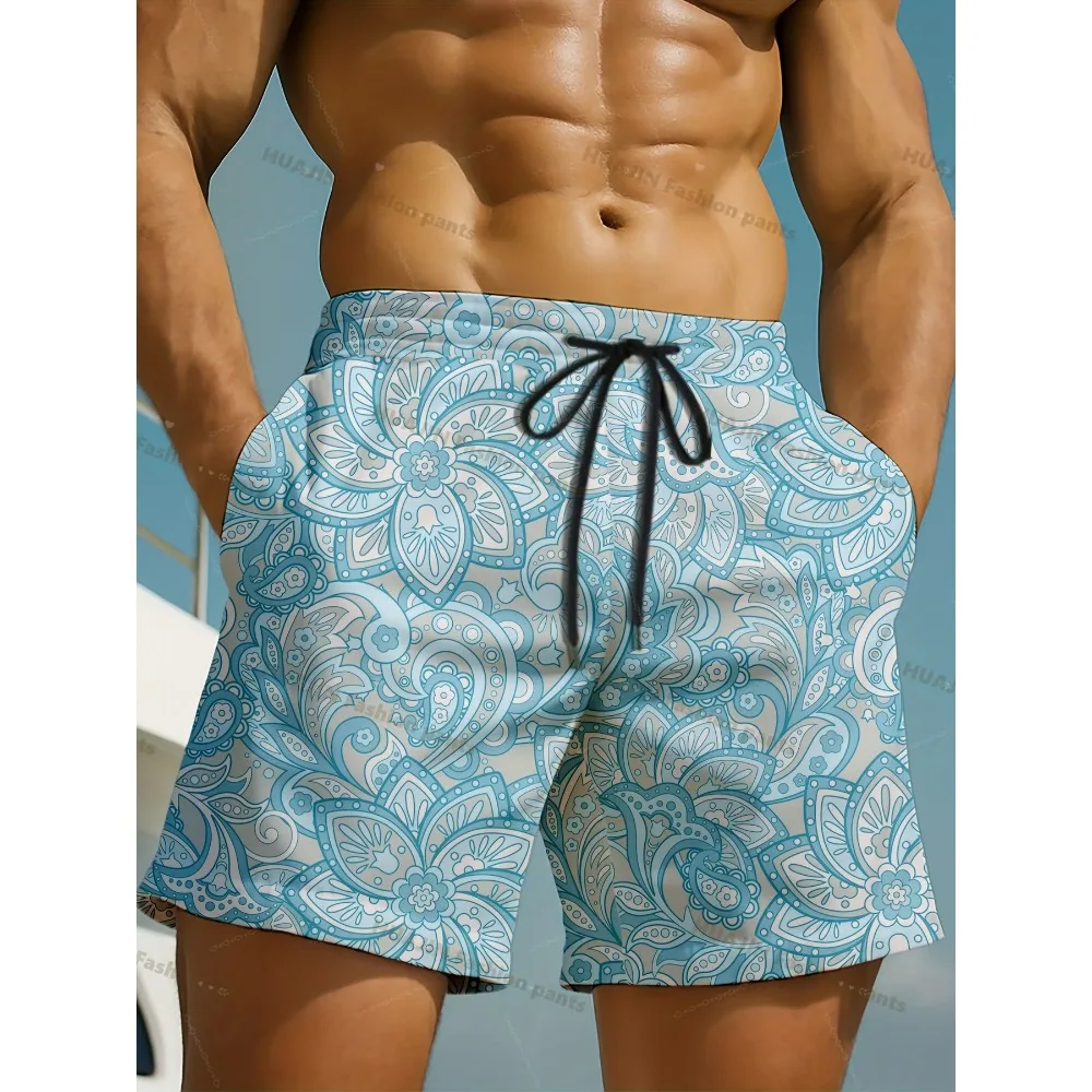 

These beach shorts have a vacation vibe featuring a soft sky-blue mandala pattern and a relaxed fit perfect for vacation photos