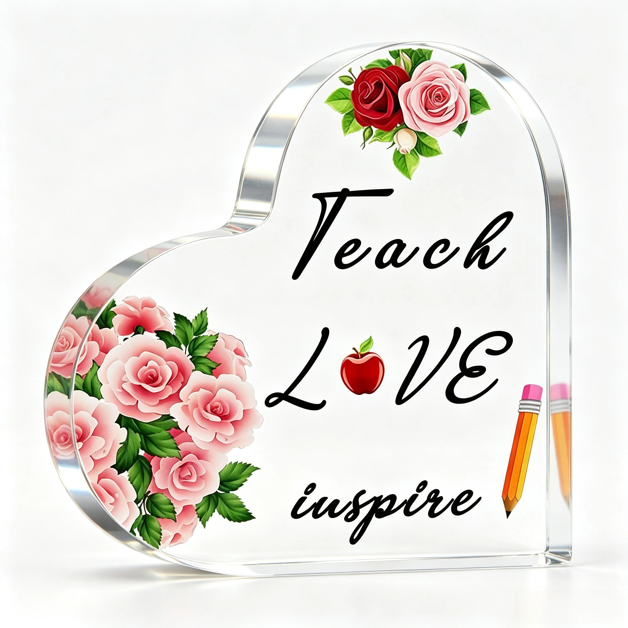 Vintage Pink Red Rose Floral Heart Acrylic Stand, Teach Love Inspire Motivational Teacher Quote Table Ornament