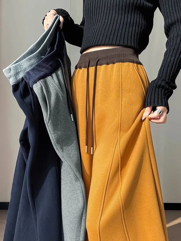 

High Waist Dstring Sports Fce Lined Thiened Narrow Banana Pants Casual Wide Leg Sweatpants for Women Autumn Winter
