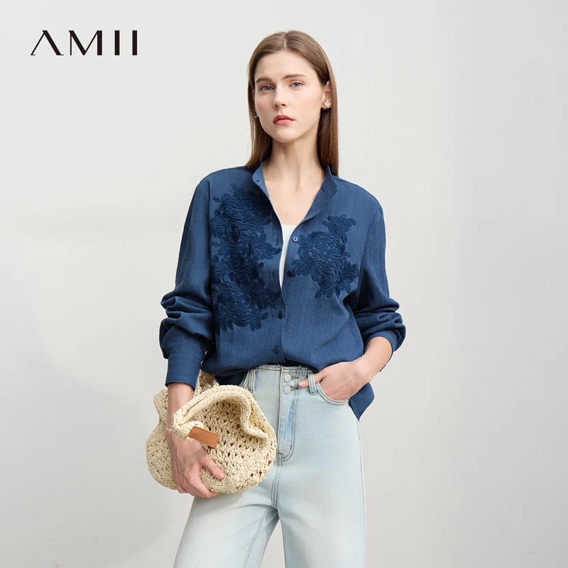 

Amii Women's Shirt 2026 Spring New Stand-up Neck Cotton Straight Top Female Three-dimensional Lace Long Sleeve Shirt 12641018