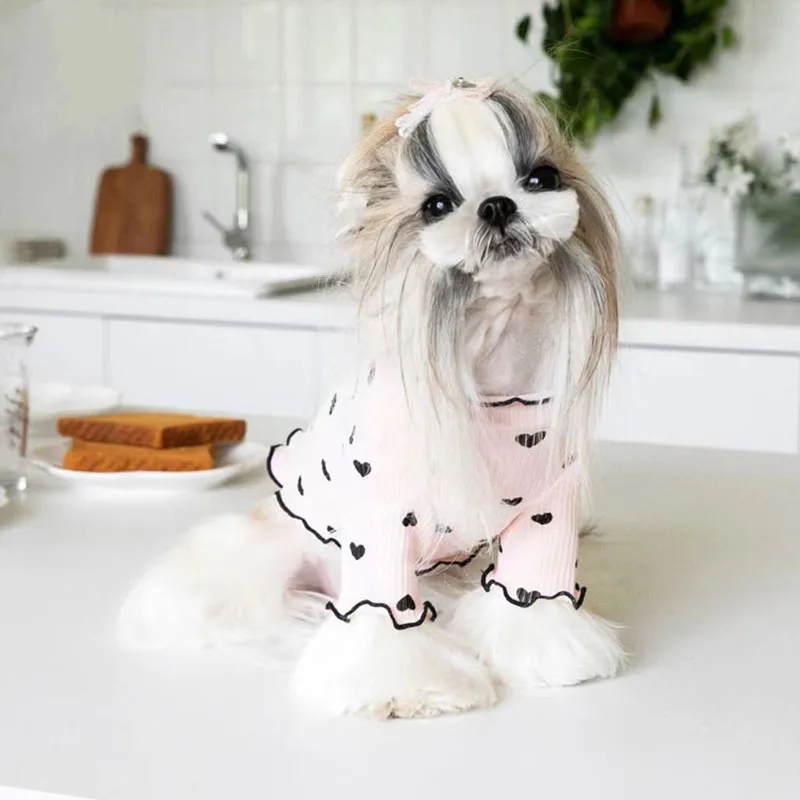 Herbst Winter Haustier Unterwolle Hund Kleidung Nette Herz Druck Waffel Hause Weste Hund Katze Yorkshire Schnauzer Malteser Neue Jahr Weihnachten – Detail 6