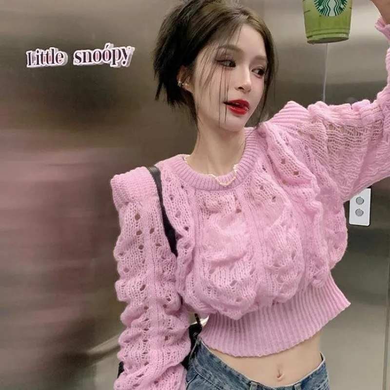 

Y2k Women's Hollow Out Autumn Sweater Pullover Crop Top Sweet New Long Sleeves Knitwear Twisted Yarn Puff Sleeves Coats Trendy