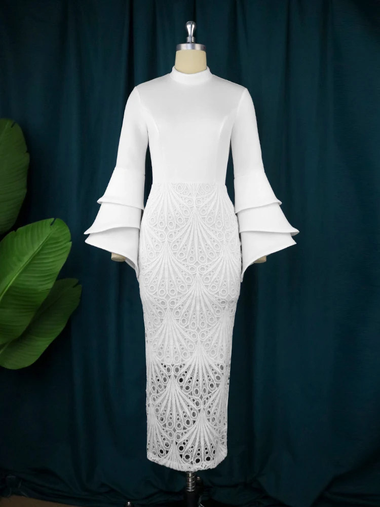 White Lace Dresses for Women High Neck Long Flare Sleeve Empire Evening Party Gowns Wedding Guest Cokctial Outfits Autumn 2023
