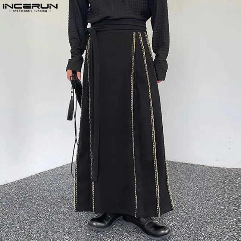 

INCERUN Men's Skirts Pleated Patchwork Lace Up Zipper Casual Men Bottoms Streetwear Loose 2024 Personality Male Skirts S-5XL