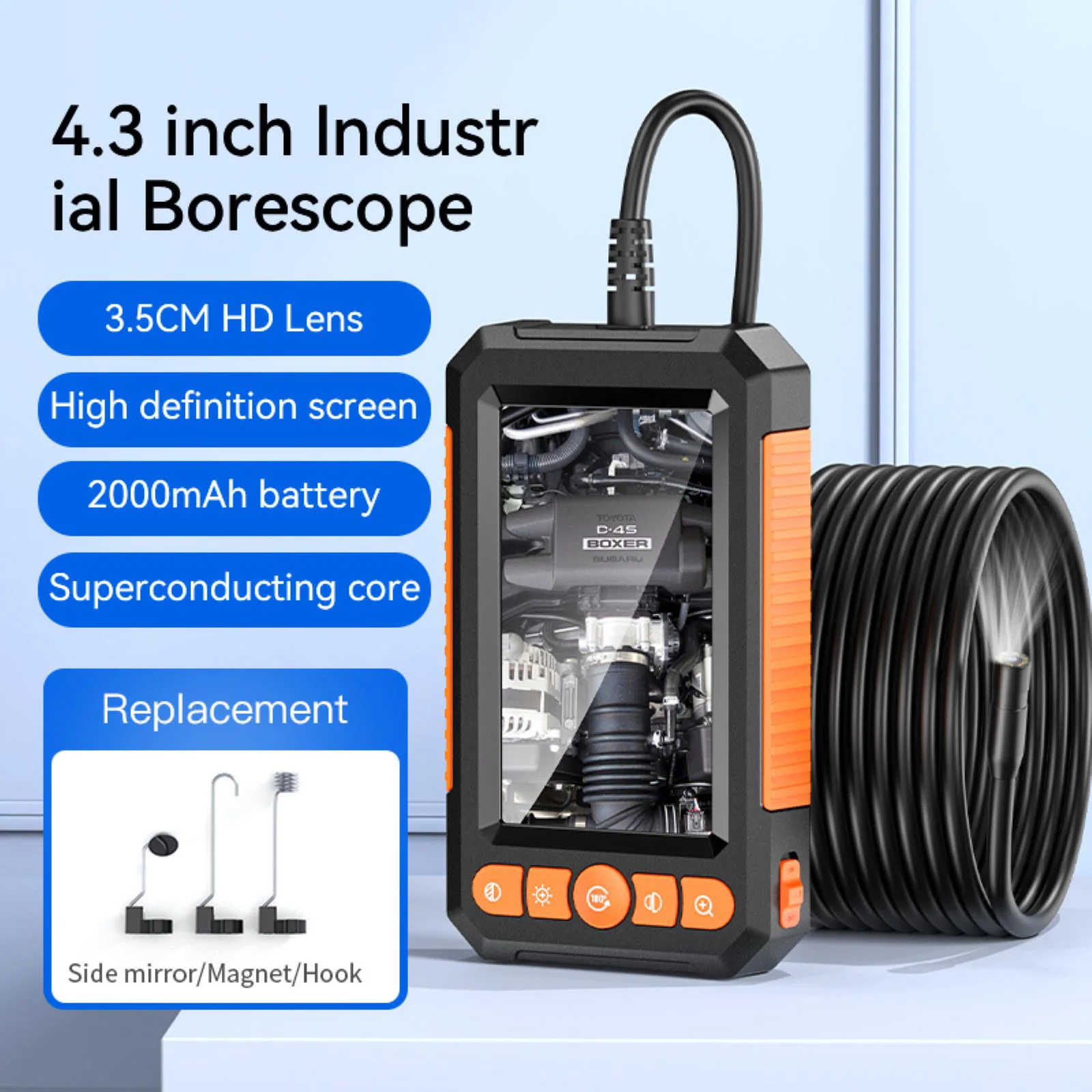 

1Pc Industrial Endoscope With 5m Length Cable 8mm Lens Borescope 4.3" Screen 1080P Inspection Camera With LED Lights Waterproof
