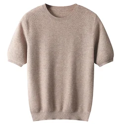 Jersey de manga corta con cuello en T para hombre, suéter de lana pura 100%, top de tendencia de color sólido, primavera y verano, nuevo