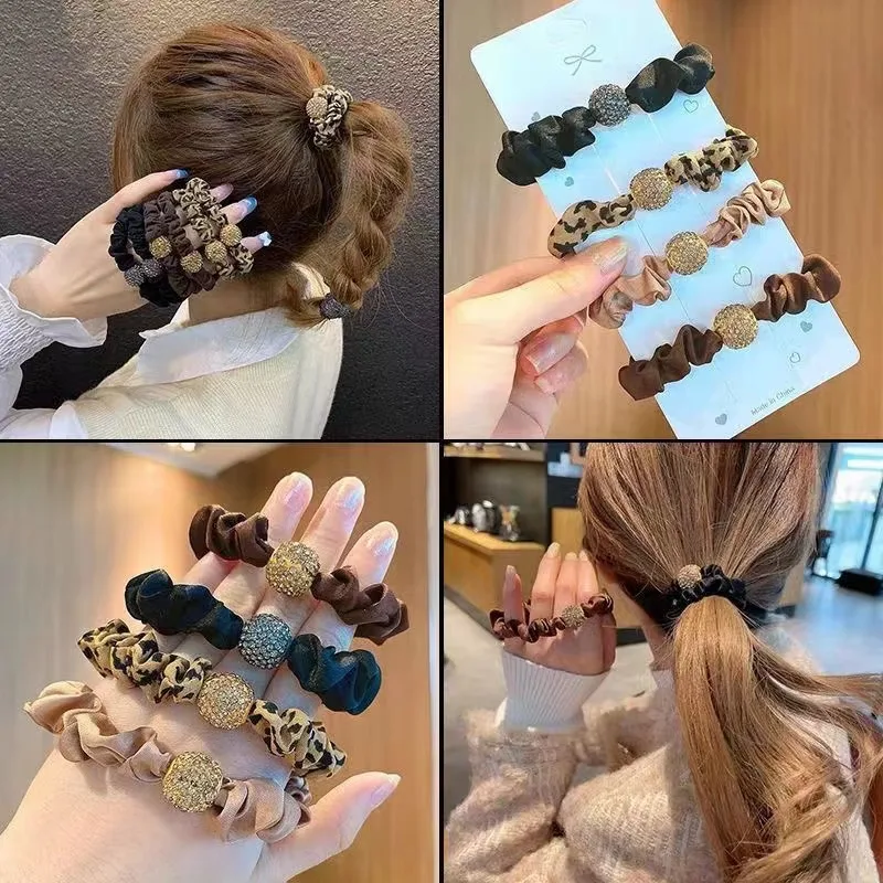 Ladies Fashion Large Intestine Ring Head Rope Rhinestone Hair Ring Women's Solid Color  Elasticity Hair Rope Hair Accessories