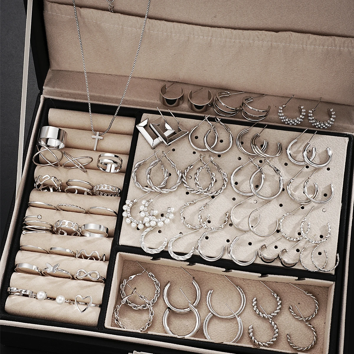 71pcs Simple Faux Pearls Cross Necklace Bracelet Ring Earring Jewelry Set for Women Daily Party Wear Holiday Dating Holiday Gift - view 2