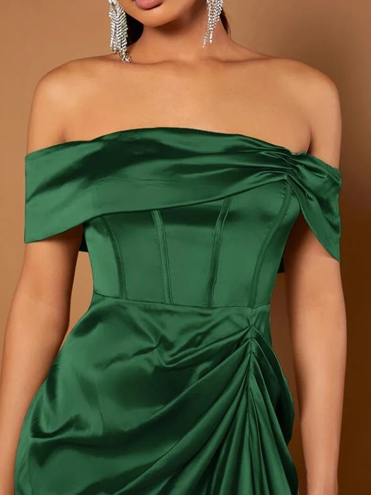 Green Off Shoulder Ruched Asymmetrical Hem robe femme soirée Evening Party Gowns For Women vestidos de ocasión formales