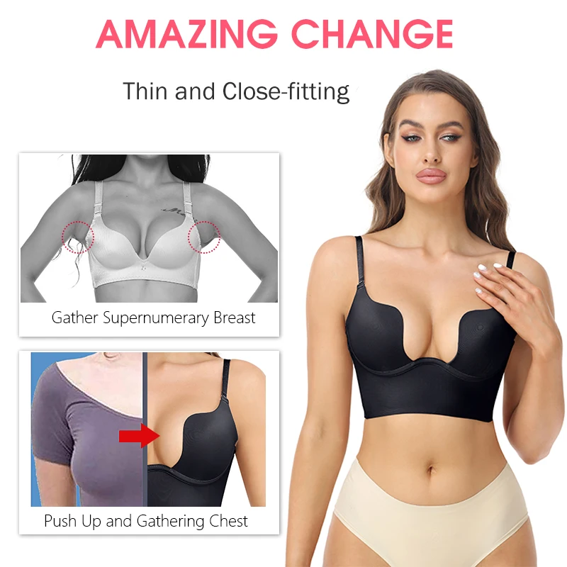 Women Deep U Multi-Way Push Up Convertible Low Cut Plunge Bra Shapewear Underwire Seamless Padded Body Shaper Backless Underwear