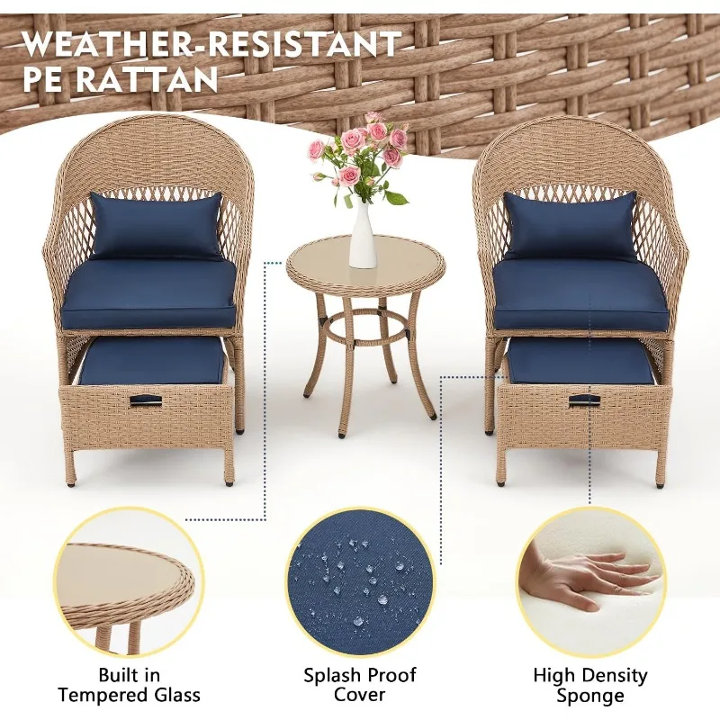 AVAWING 5 Pieces Patio Furniture Set, Outdoor Rattan Chairs with Round Glass Coffee Table, Ottomans & Soft Cushions,