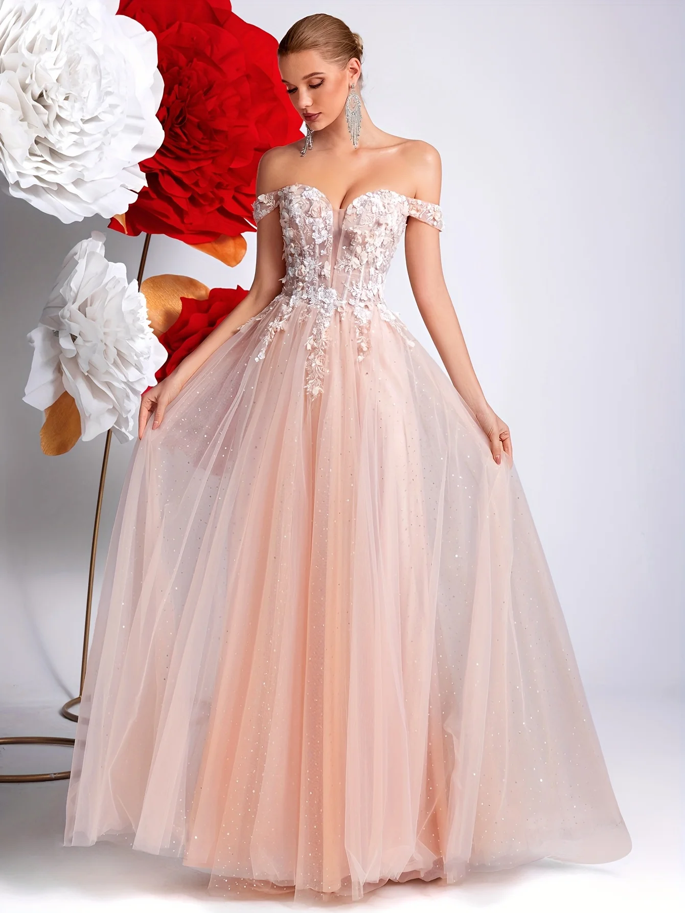 Tiulowe sukienki na studniówkę z odkrytymi ramionami, w kształcie litery A, z aplikacjami, koralikami, kwiatami 3D, brokatem, sukienki wieczorowe na Boże Narodzenie, sukienki na konkurs piękności dla dziewczynek.