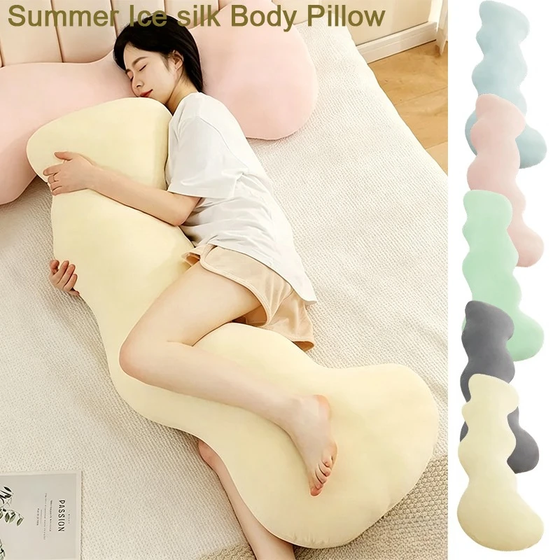 Newest 1pc Summer Cooling Ice Fiber Fabric Long Pillow with Core, Side Sleep Wave Leg Clamp Pillow, with Removable Cover Design