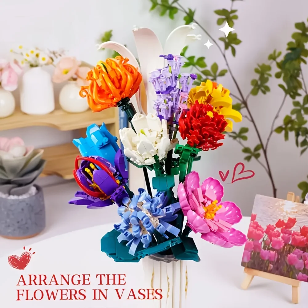 Bausatz für Blumenstrauß – ewige Rose, Bausteinspielzeug mit künstlichen Blumen, Valentinstag, Muttertag, Weihnachtsgeschenk