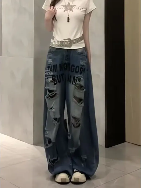 plus Size Vintage Workwear Wide Leg Denim Jeans Women's 2026 New Style Slim Fit Knife  Post-Apocalyptic Long Trousers