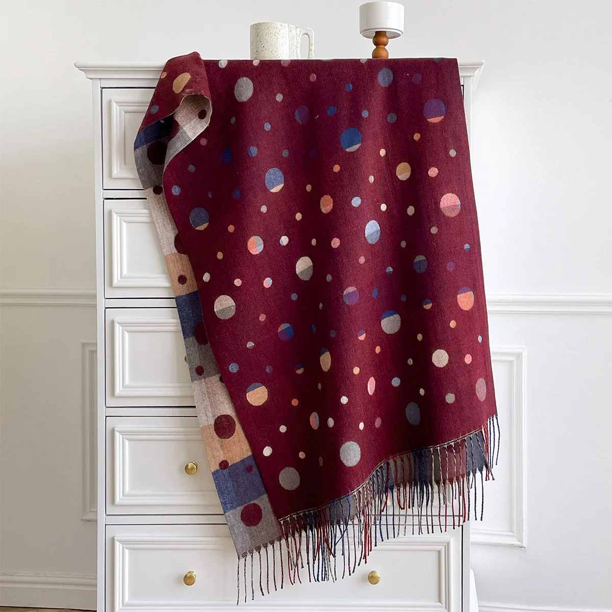 Faux Cashmere Reversible Wrap Scarf Women Elegant Multi Tone Polka Dot Print Patchwork Border Thick Warm Oversized Shawl