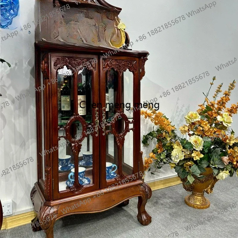 

RR High-end solid wood European retro wine cabinet, living room carved glass door storage, floor display cabinet