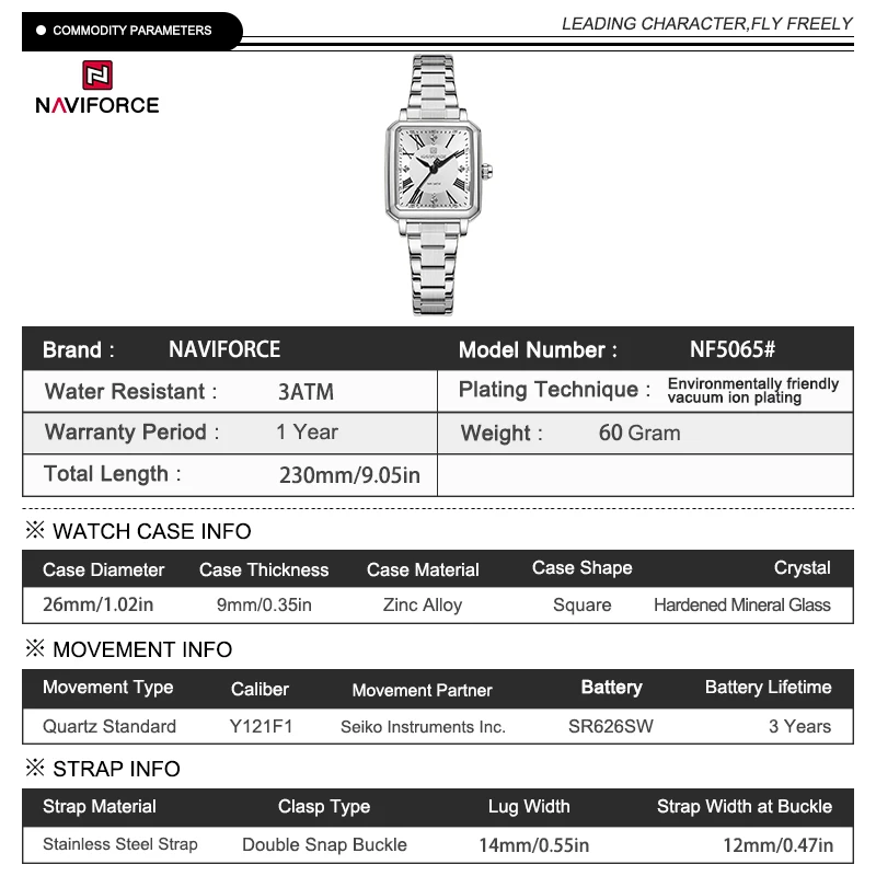 NAVIFORCE NF5065 Elegant Ladies Quartz Watch Simple Square Small Dial Waterproof Steel Strap Casual Business Watches for Woman