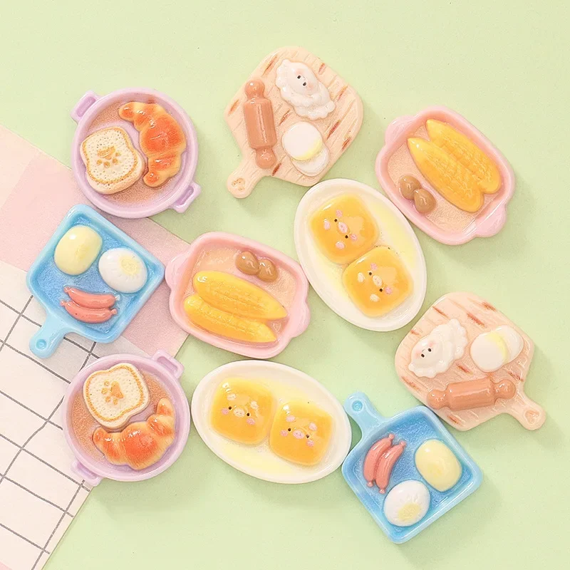 10pcs Cute Food Plate Bread Toast Diy Handmade Cream Glue Hairpin Keychain Shoe Buckle Resin Jewelry Accessories