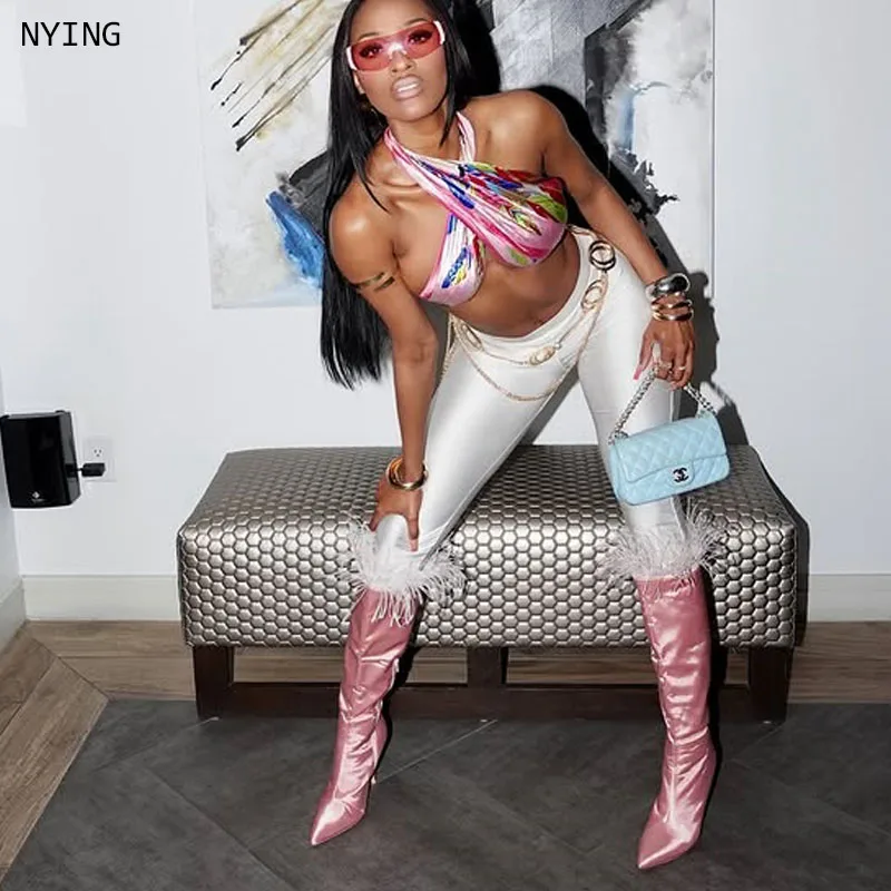 

2026 Women Boots Pointed Toe Stiletto High Heels Boots Sexy Pink Silk Fur Knee High Boots Women Nightclub Boots Big Size 44