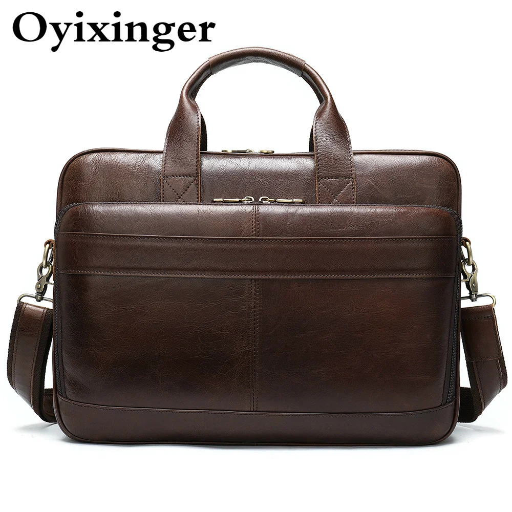 Genuine Leather Men Briefcase Office Laptop Bags For MacBook Pro ACER HP DELL 15.6 Inch Computer New Male Briefcase Handbag 2024