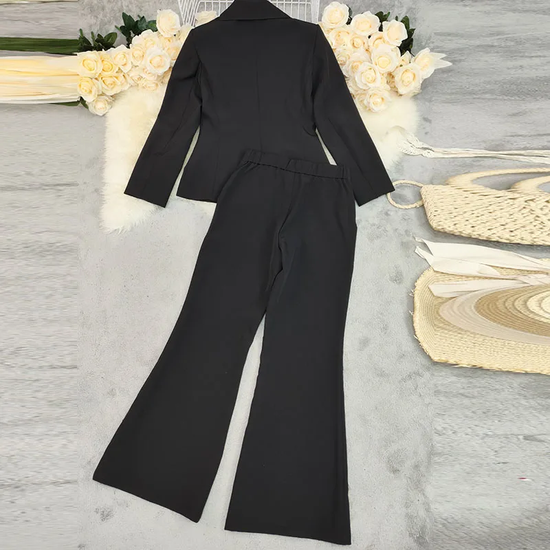 خريف شتاء جديد سترة سوداء تخفيف مجموعات الترفيه سيدة طويلة الأكمام الدعاوى معطف وسراويل مجموعات أنيقة شارع العليا ملابس نسائية