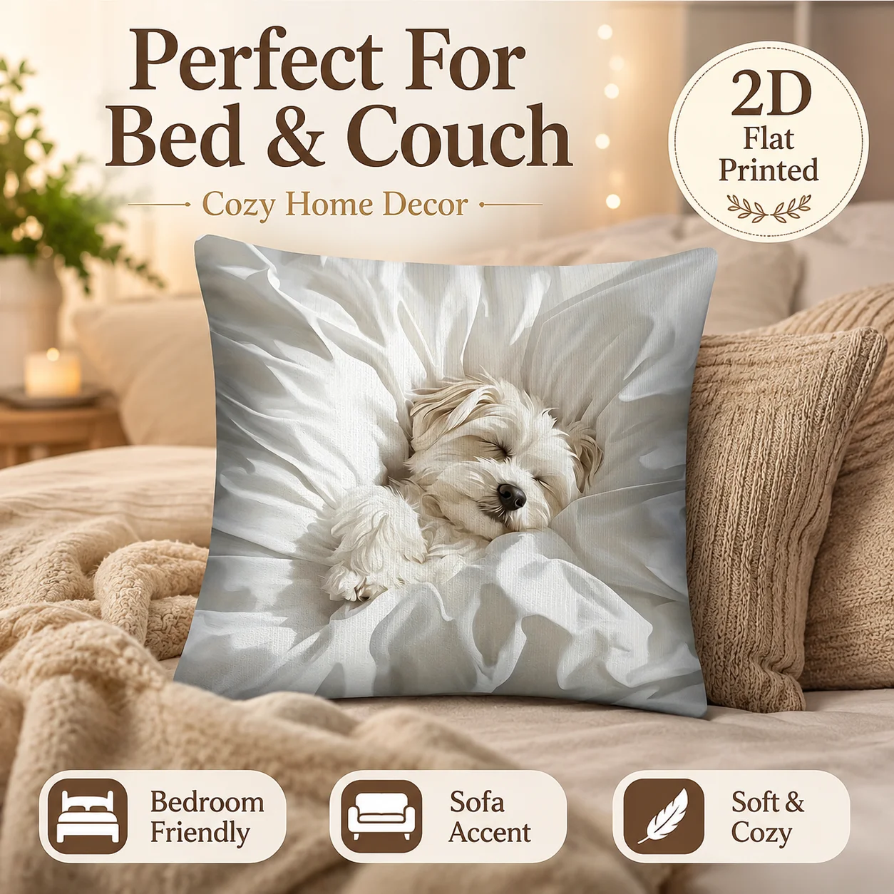 Dreamy Dog Pillowcase Peach Skin 2D Flat Printed Cushion Cover Cute White Maltese Sleeping Puppy Throw Pillow Case Sofa Decor