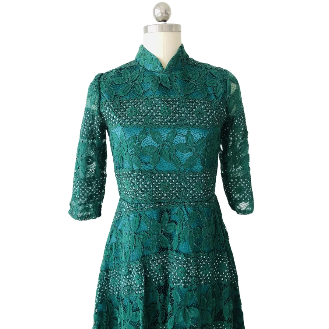 É Yiiya-vestido de noite plissado para mulheres, renda verde, zíper, linha A, comprimento do chão, pescoço alto, vestido de festa, plus size, ZP028