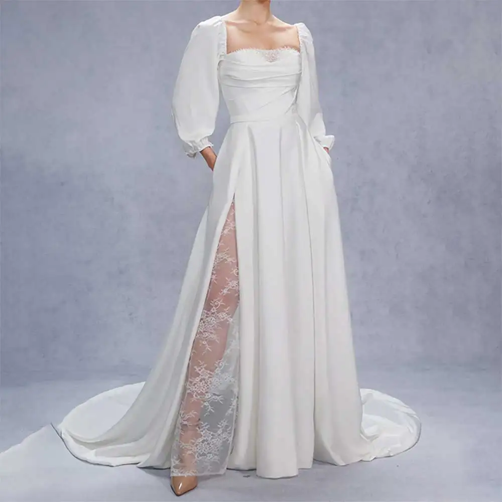 Elegancka suknia ślubna dla panny młodej z kwadratowym dekoltem i rękawem 3/4 z rozcięciem z boku i plisowanym odkrytym tyłem 2025 New Arrival Bride Gowns