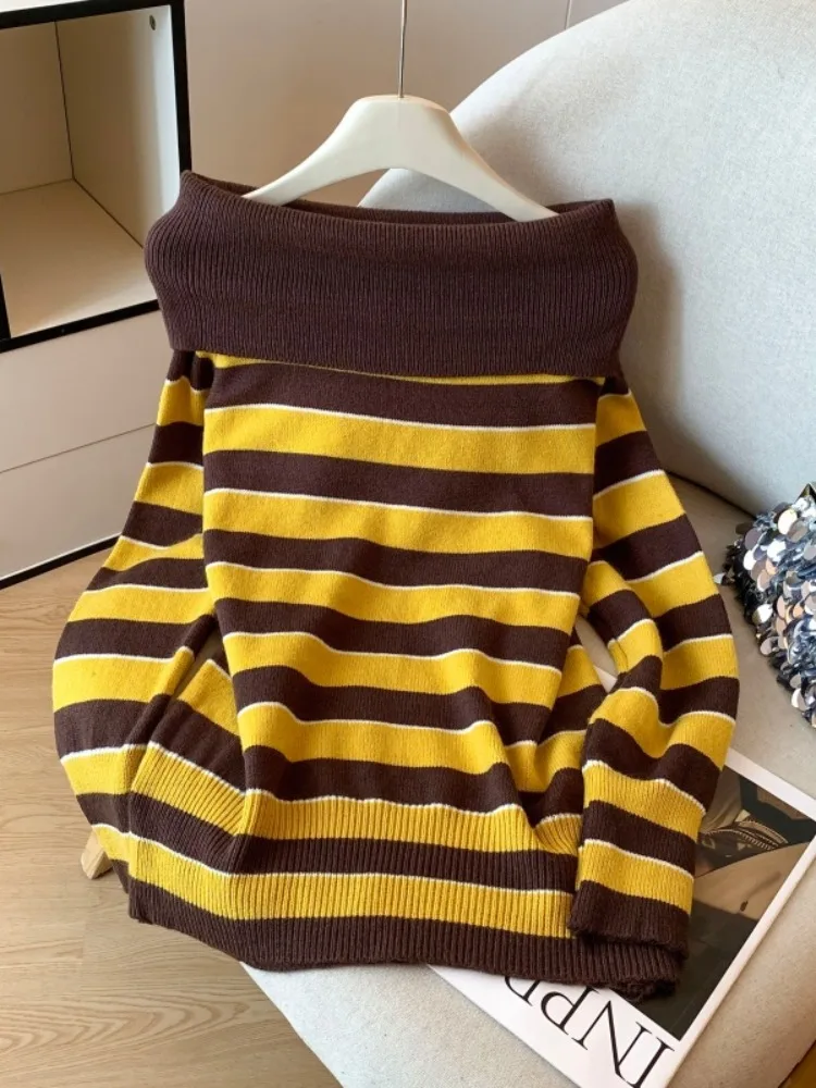 Design Sensation Striped One-oulder Knitwear Women's Deep Autumn Early Winter Inner Wear Base irt Super Beautiful Top