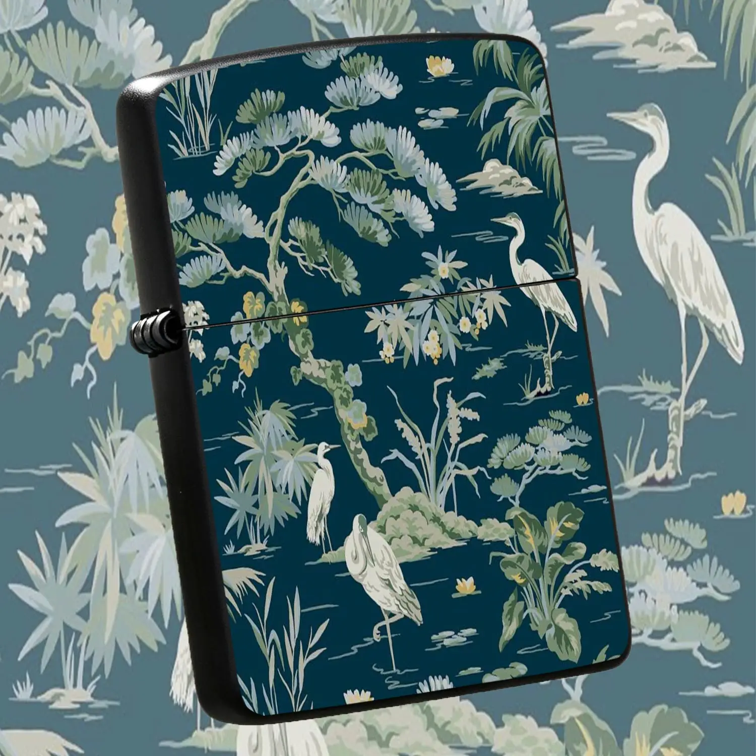 Vintage Oriental Aesthetic Heron Watership Print Pocket Accessory, Deep Navy Background With Elegant Pine Foliage, Water Lily And Marsh Flora Motifs, Exotic Chinoiserie Style Decor, Fits Daily Scenarios, Gifting And Per A Humorous And Inter