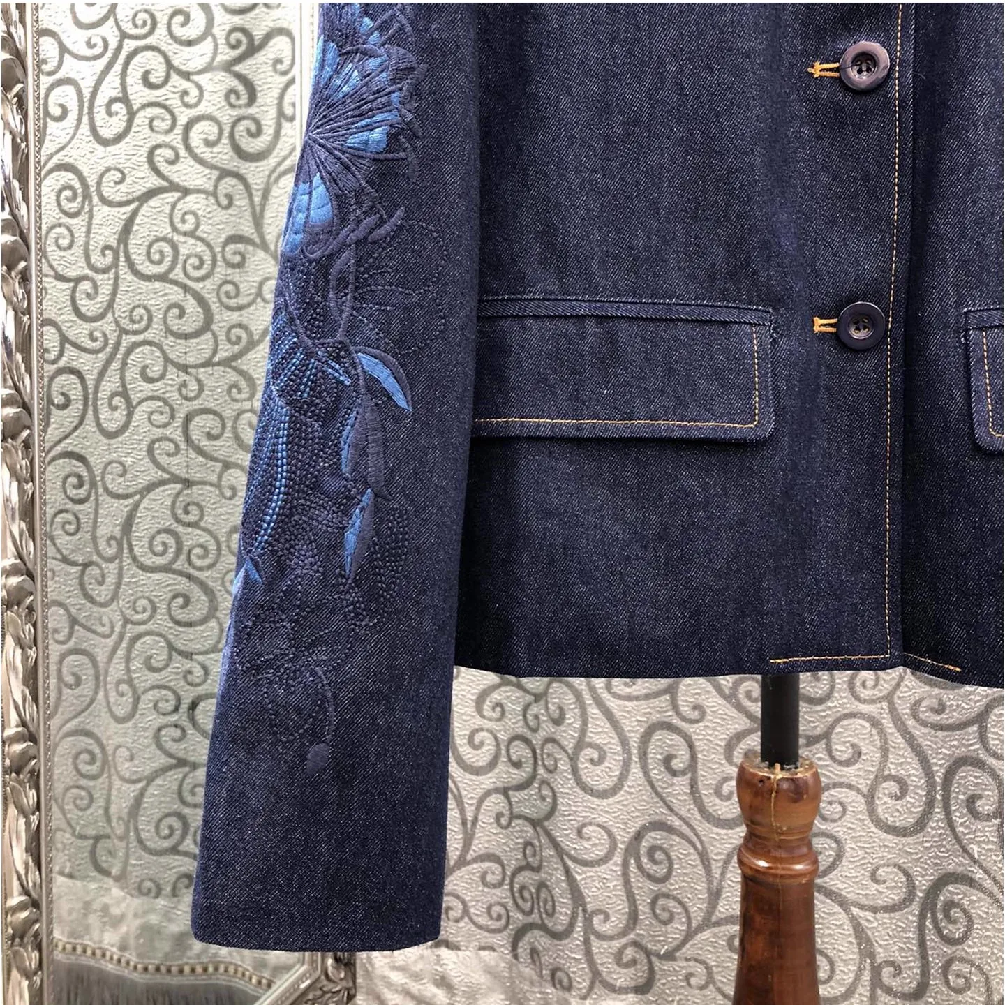 100% algodão denim casacos 2025 outono inverno moda senhora turn-down colarinho requintado bordado manga longa azul jeans outerwear