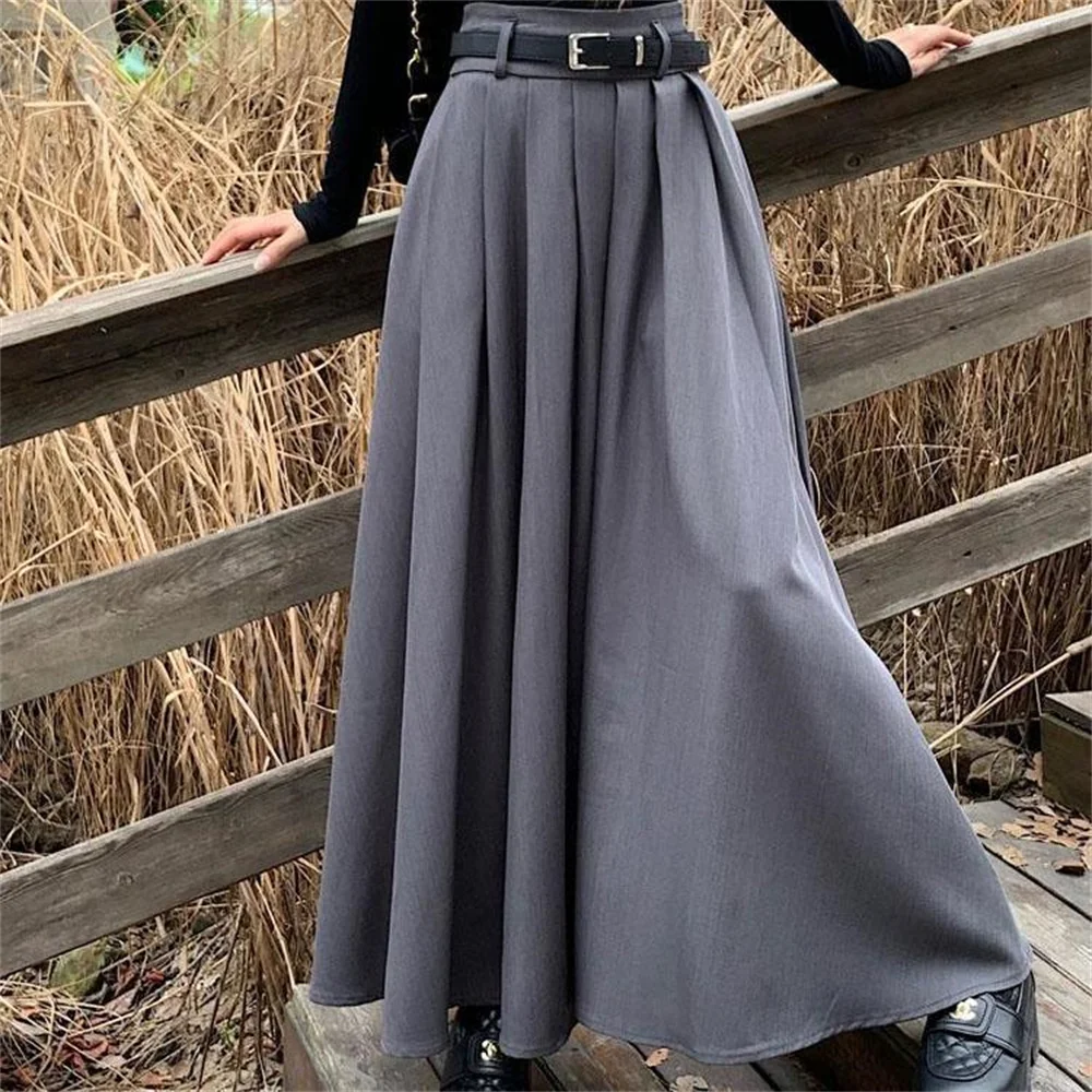 

Vintage Fashion 2024 Spring Office Falda Holiday Loose Solid Long Skirt Women High Waist Jupe Korean Pleating Swing Skirt