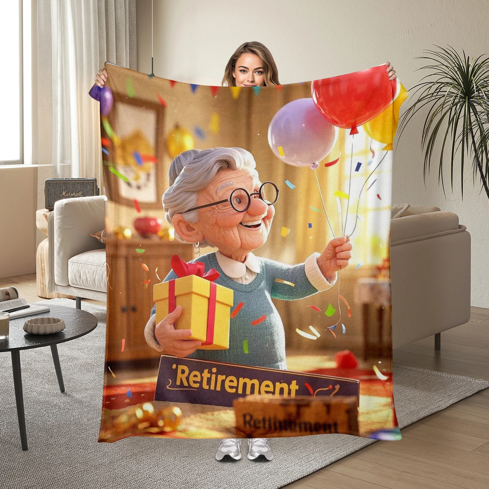 Adorable Cartoon Senior Citizen Featuring Balloons And Ribbons Adds Joy To Retirement Gifts